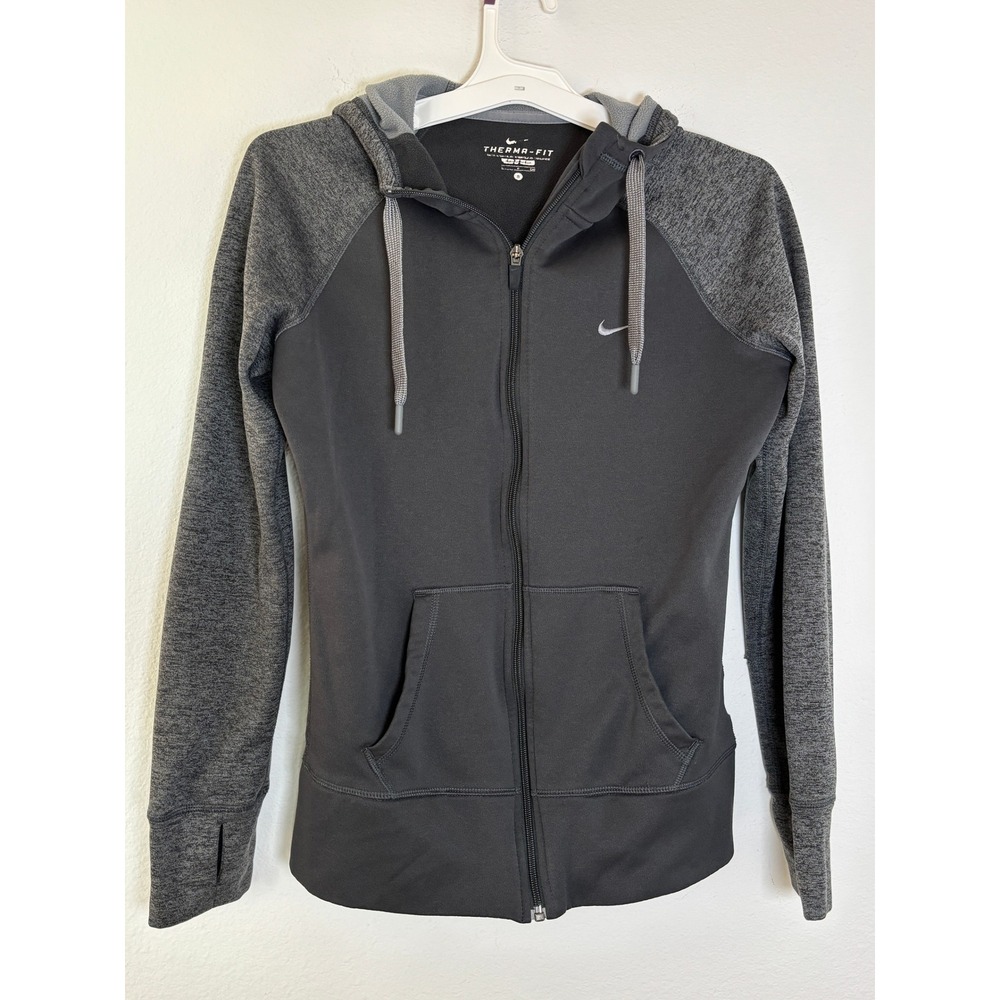 Nike Therma-FIT Womens Small Full Zip Hoodie Gray Raglan Thumbhole Fleece Jacket